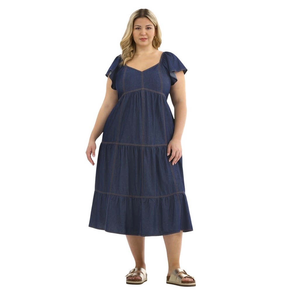 Terra & Sky Plus Size 2X Midi Dress‎ Blue Denim Tiered Smocked Boho Fairy 1797